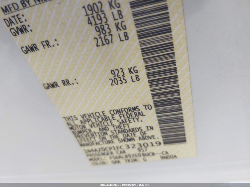 2015 Nissan Leaf S VIN: 1N4AZ0CP1FC323019 Lot: 43433972