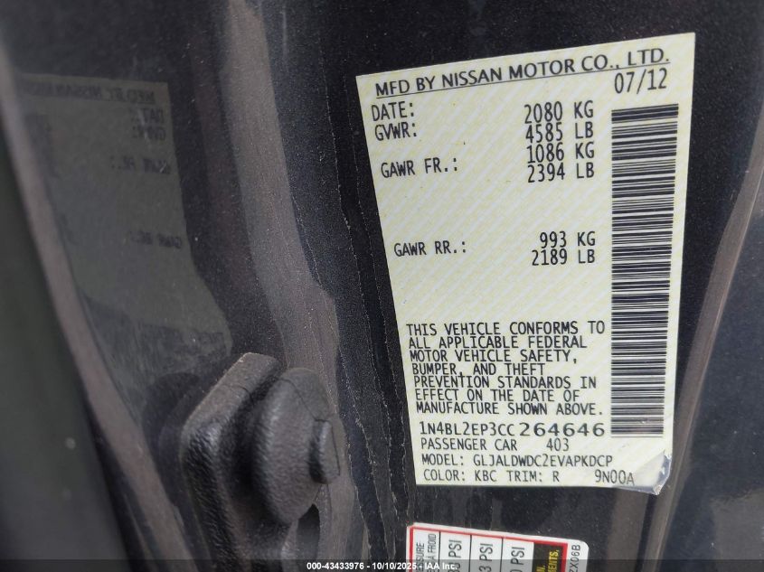 2012 Nissan Altima 3.5 Sr VIN: 1N4BL2EP3CC264646 Lot: 43433976