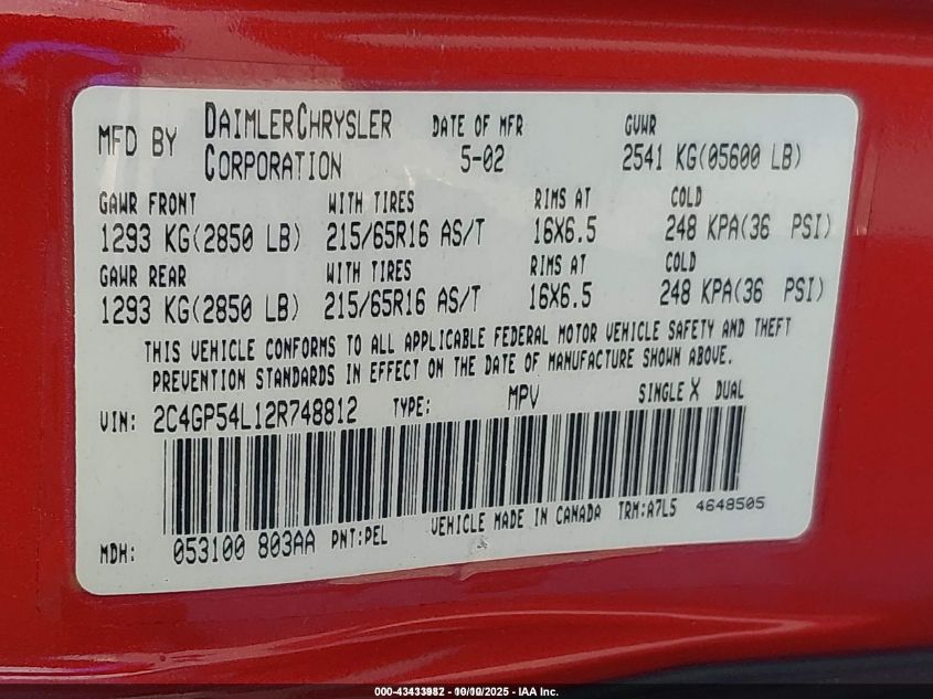 2002 Chrysler Town & Country Lxi VIN: 2C4GP54L12R748812 Lot: 43433982