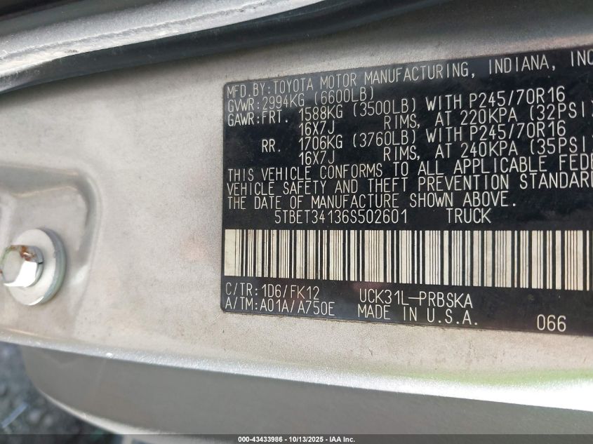 2006 Toyota Tundra Sr5 V8 VIN: 5TBET34136S502601 Lot: 43433986