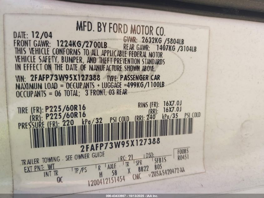 2005 Ford Crown Victoria Standard VIN: 2FAFP73W95X127388 Lot: 43433987
