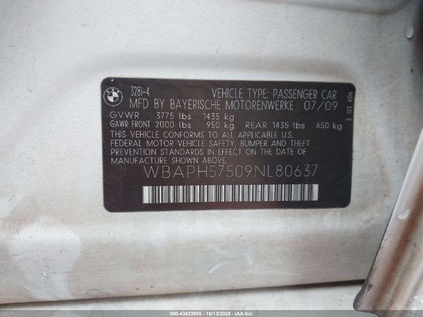 2009 BMW 328I VIN: WBAPH57509NL80637 Lot: 43433998