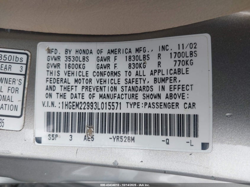 2003 Honda Civic Ex VIN: 1HGEM22993L015571 Lot: 43434010