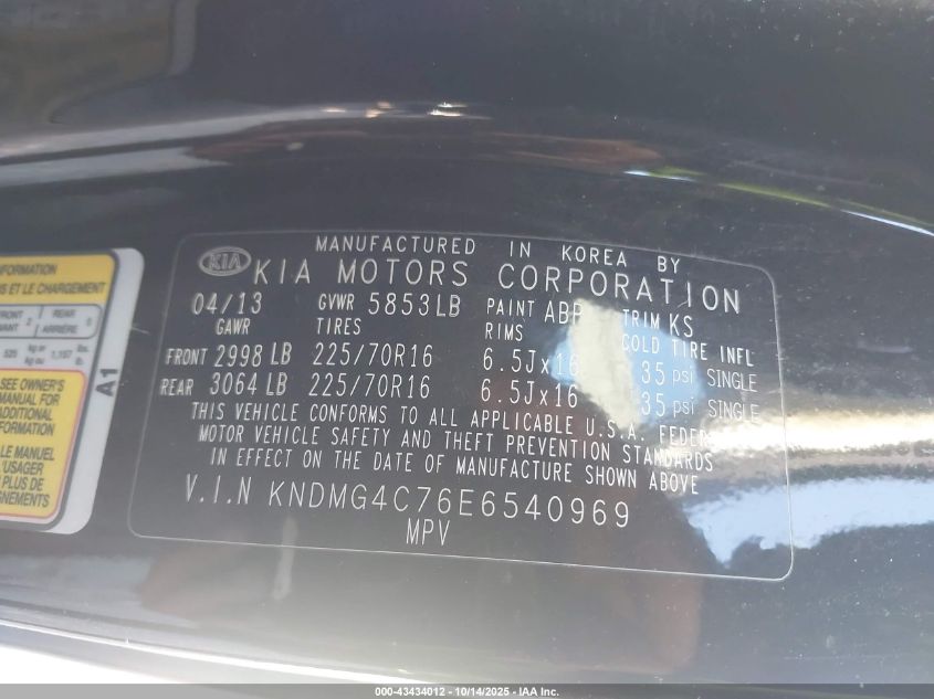 2014 Kia Sedona Lx VIN: KNDMG4C76E6540969 Lot: 43434012