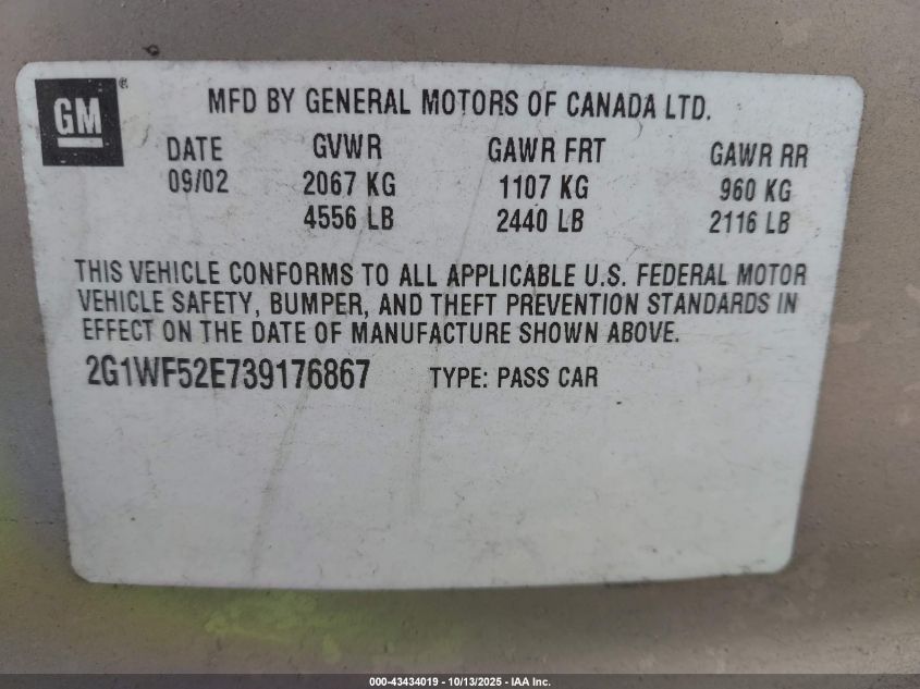 2003 Chevrolet Impala VIN: 2G1WF52E739176867 Lot: 43434019