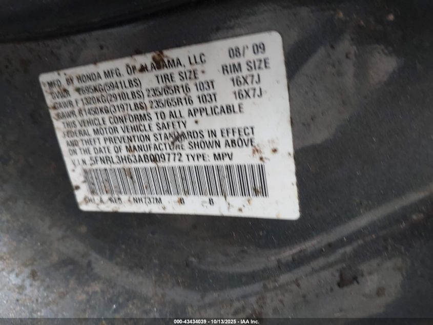 2010 Honda Odyssey Ex-L VIN: 5FNRL3H63AB009772 Lot: 43434039