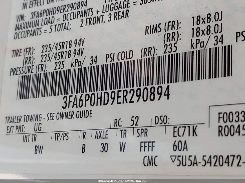 2014 Ford Fusion Se VIN: 3FA6P0HD9ER290894 Lot: 43434051