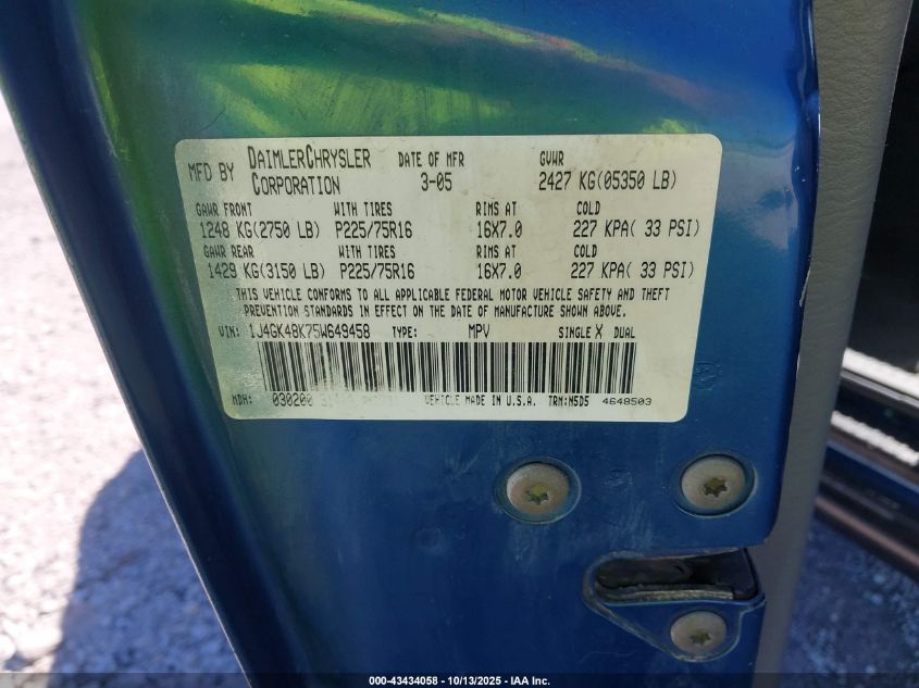 2005 Jeep Liberty Sport VIN: 1J4GK48K75W649458 Lot: 43434058