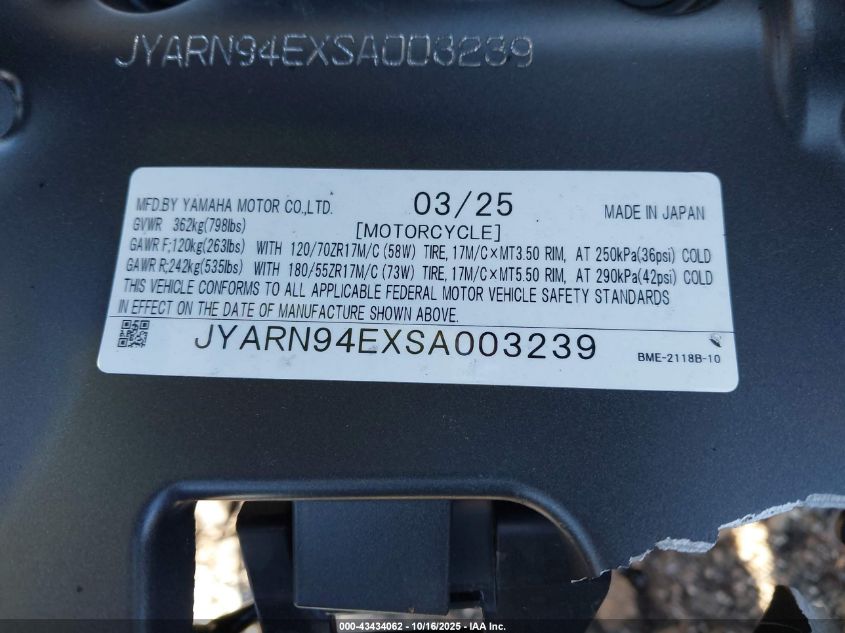 2025 Yamaha Mt09 VIN: JYARN94EXSA003239 Lot: 43434062