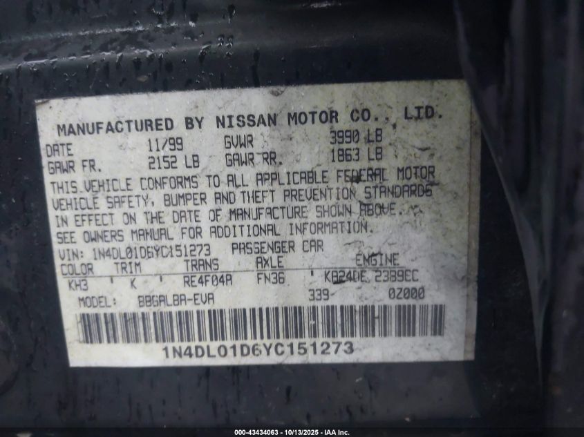 2000 Nissan Altima Xe/Gxe/Se/Gle VIN: 1N4DL01D6YC151273 Lot: 43434063