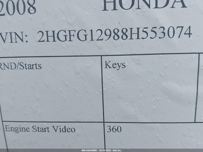 2008 Honda Civic Ex-L VIN: 2HGFG12988H553074 Lot: 43434065