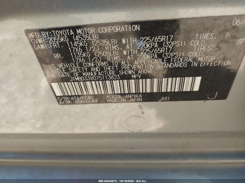 2007 Toyota Rav4 VIN: JTMBD33V075113823 Lot: 43434073