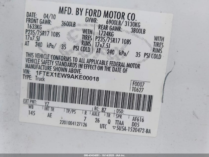 2010 Ford F-150 Stx/Xl VIN: 1FTEX1EW9AKE00018 Lot: 43434091