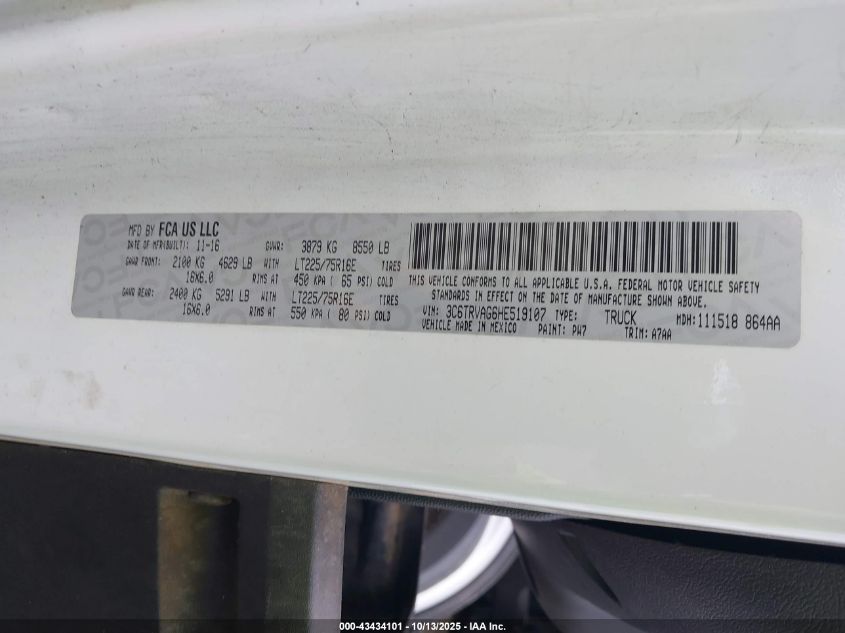 2017 Ram Promaster 1500 Low Roof 136 Wb VIN: 3C6TRVAG6HE519107 Lot: 43434101