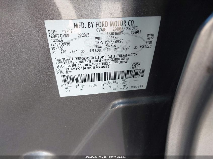 2009 Ford Edge Limited VIN: 2FMDK49C09BA74543 Lot: 43434103