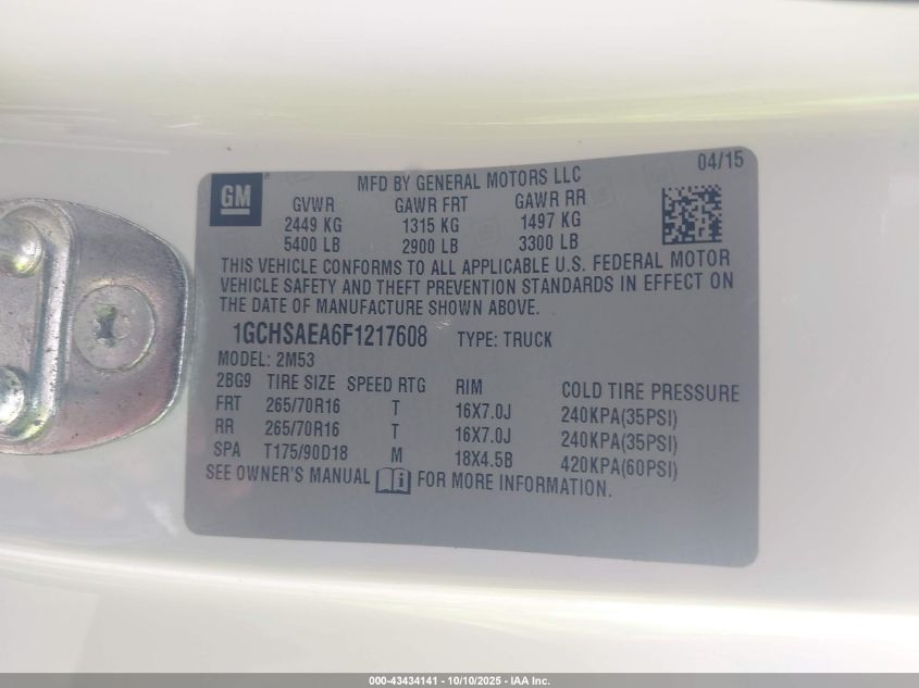 2015 Chevrolet Colorado Wt VIN: 1GCHSAEA6F1217608 Lot: 43434141