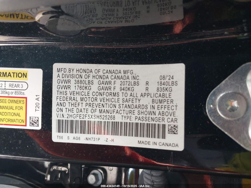 2025 Honda Civic Sport VIN: 2HGFE2F5XSH525268 Lot: 43434149