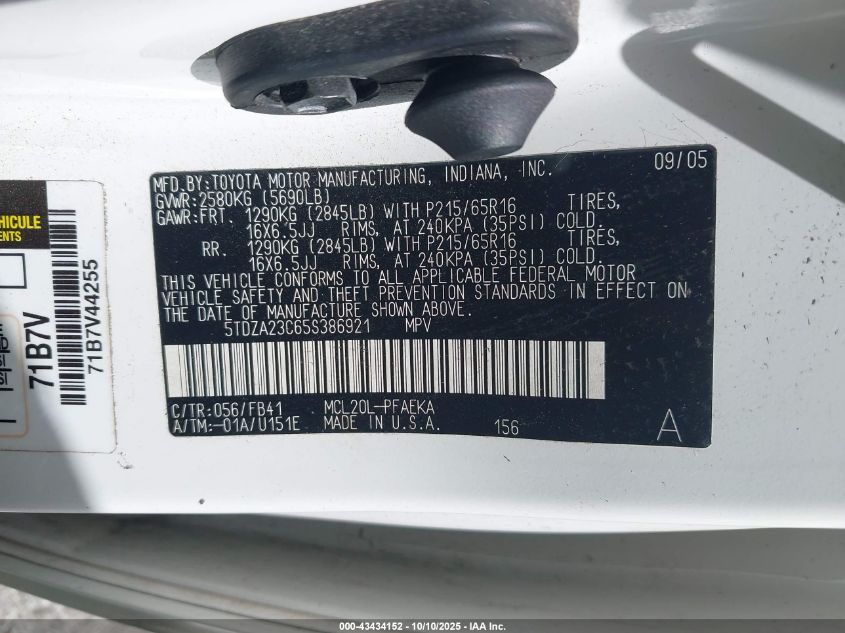 2005 Toyota Sienna Le VIN: 5TDZA23C65S386921 Lot: 43434152