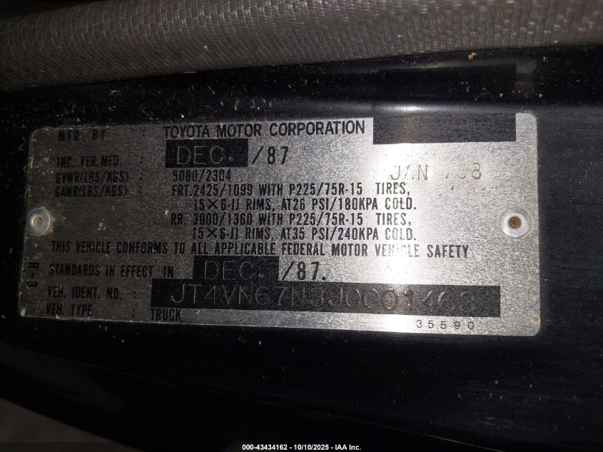 1988 Toyota Pickup Short Bed Xtracab Vn67Dlx VIN: JT4VN67N3J0001463 Lot: 43434162