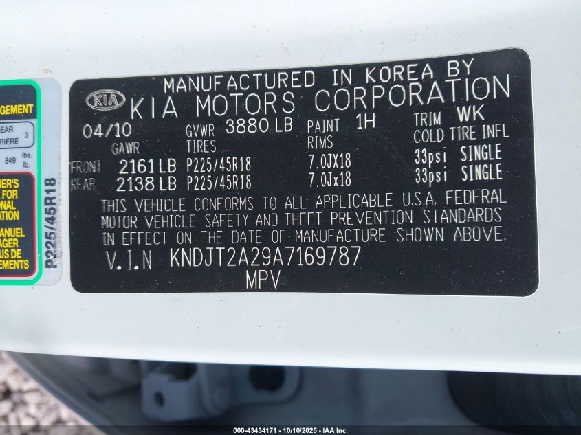 2010 Kia Soul + VIN: KNDJT2A29A7169787 Lot: 43434171