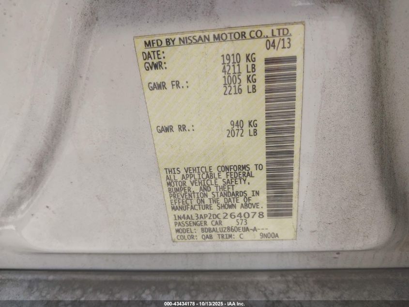 2013 Nissan Altima 2.5 Sv VIN: 1N4AL3AP2DC264078 Lot: 43434178