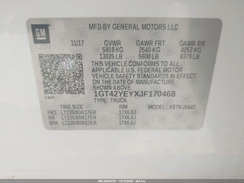2018 GMC Sierra 3500Hd Denali VIN: 1GT42YEYXJF170468 Lot: 43434181