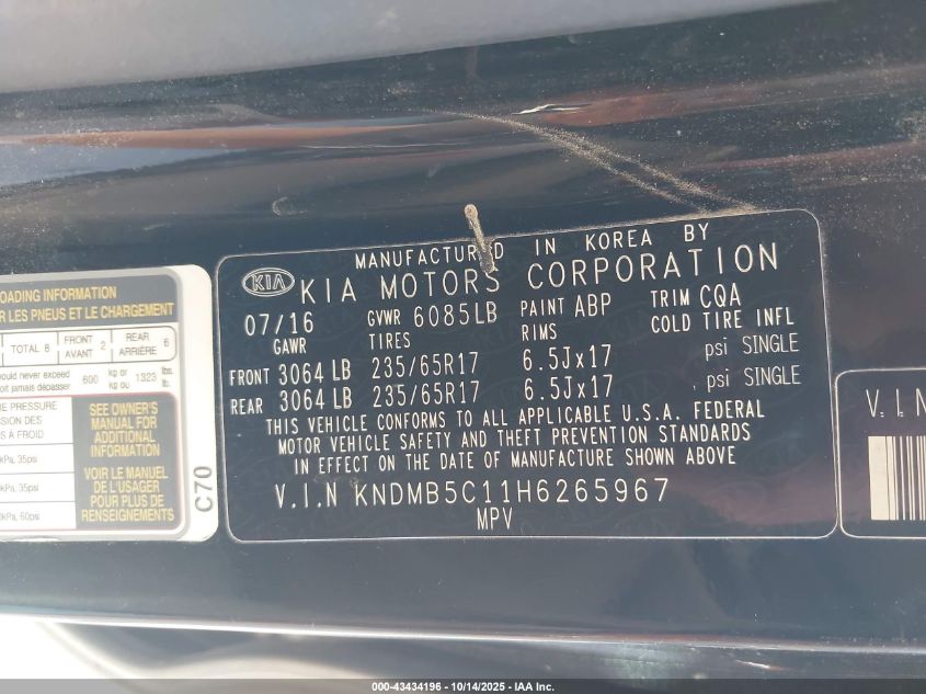 2017 Kia Sedona Lx VIN: KNDMB5C11H6265967 Lot: 43434196