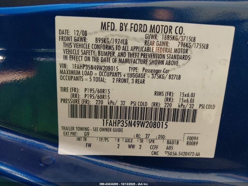 2009 Ford Focus Se VIN: 1FAHP35N49W208015 Lot: 43434200