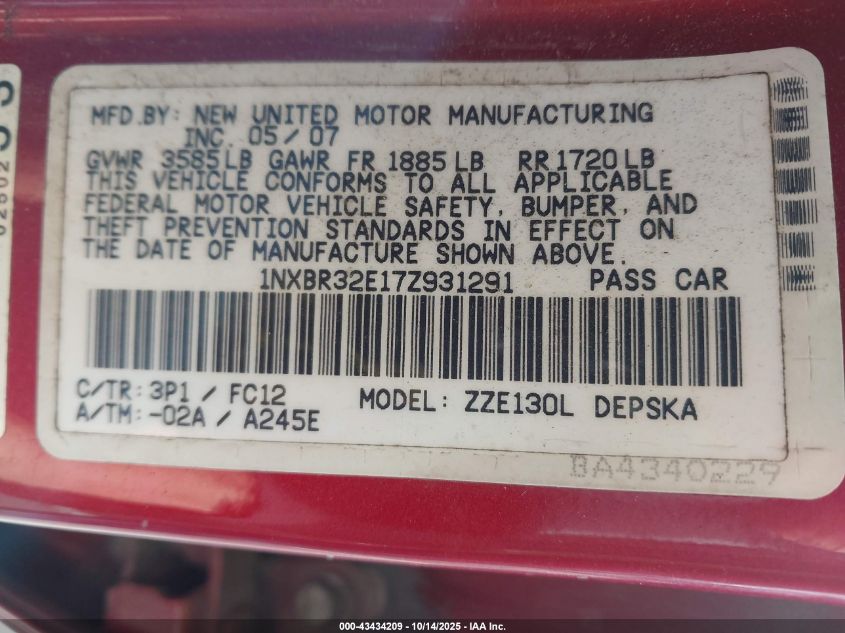 2007 Toyota Corolla S VIN: 1NXBR32E17Z931291 Lot: 43434209