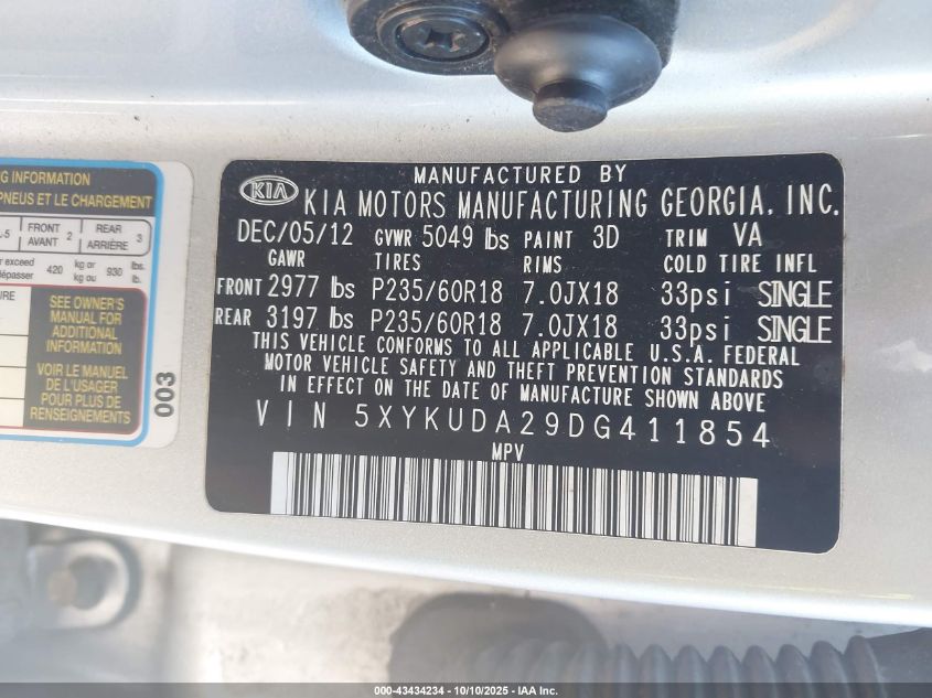 2013 Kia Sorento Ex V6 VIN: 5XYKUDA29DG411854 Lot: 43434234