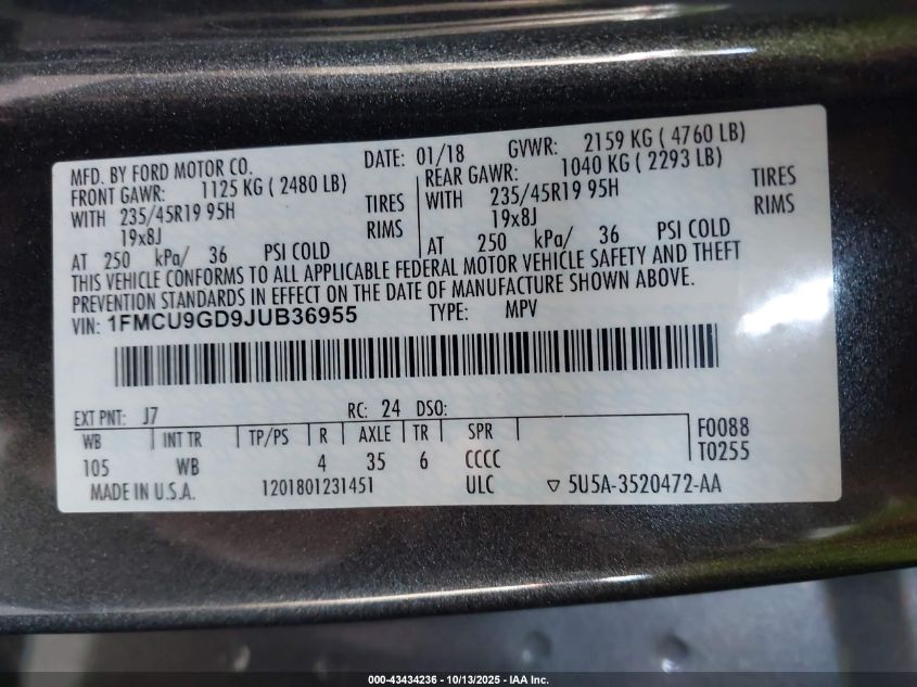2018 Ford Escape Se VIN: 1FMCU9GD9JUB36955 Lot: 43434236