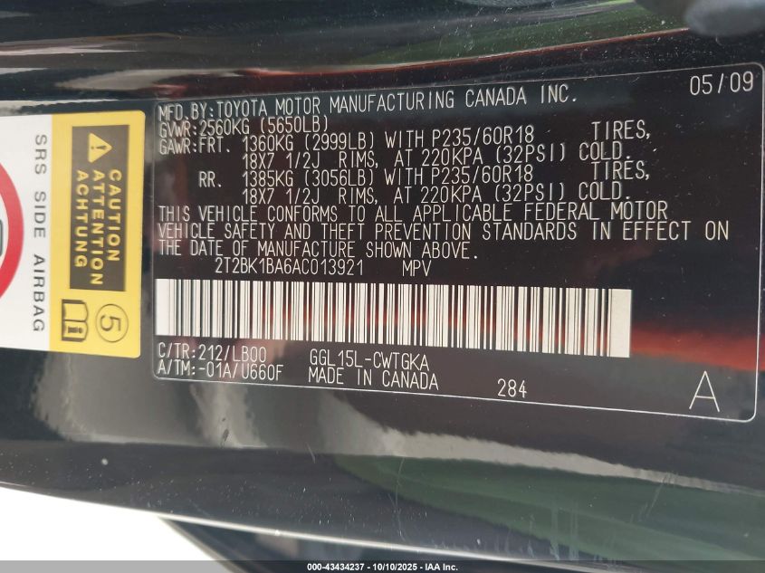 2010 Lexus Rx 350 VIN: 2T2BK1BA6AC013921 Lot: 43434237