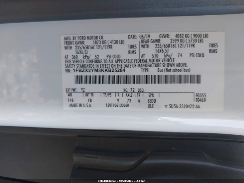 2019 FORD TRANSIT-350 XLT 1FBZX2YM3KKB25284