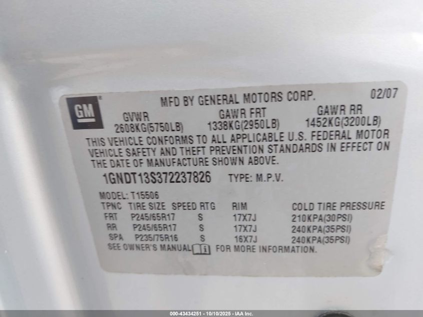 2007 Chevrolet Trailblazer Lt VIN: 1GNDT13S372237826 Lot: 43434251