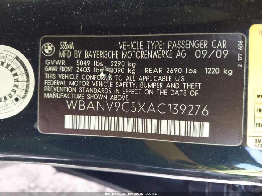 2010 BMW 535I xDrive VIN: WBANV9C5XAC139276 Lot: 43434263