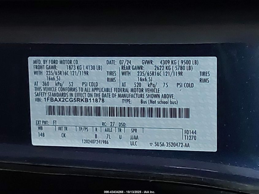 2024 Ford Transit-350 Passenger Van Xl VIN: 1FBAX2CG5RKB11878 Lot: 43434268