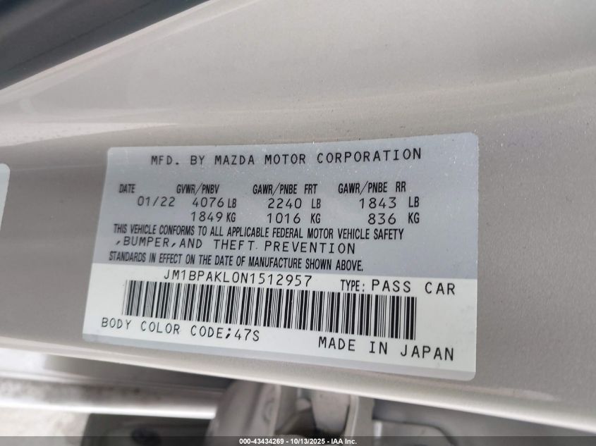 2022 Mazda Mazda3 Select VIN: JM1BPAKL0N1512957 Lot: 43434269