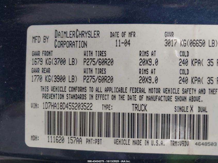 2005 Dodge Ram 1500 St/Slt VIN: 1D7HA18D45S203522 Lot: 43434279