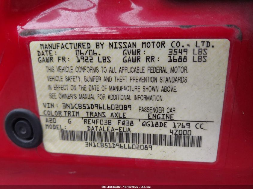 2006 Nissan Sentra 1.8S VIN: 3N1CB51D96L602089 Lot: 43434282