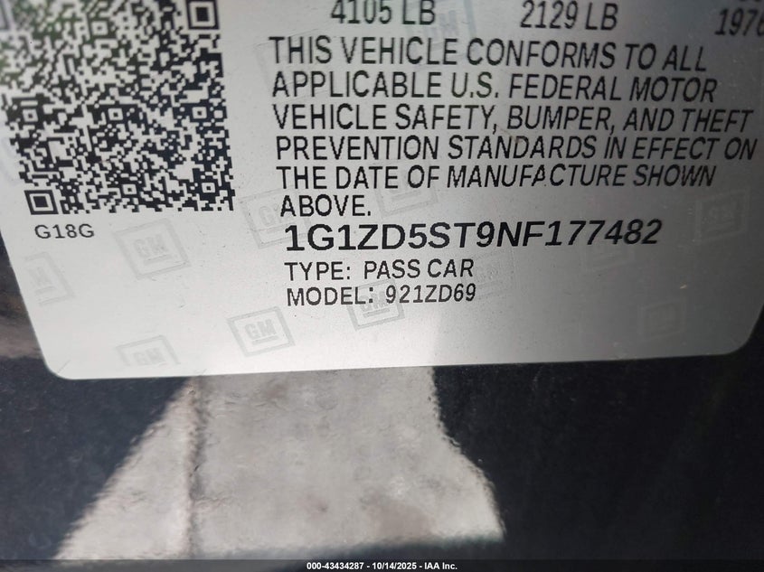 2022 CHEVROLET MALIBU 1.5L I-4 DI, DOHC, V(VIN: 1G1ZD5ST9NF177482