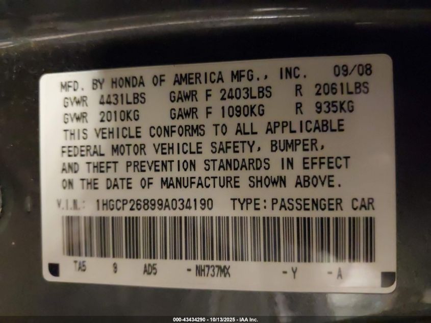 2009 Honda Accord 2.4 Ex-L VIN: 1HGCP26899A034190 Lot: 43434290