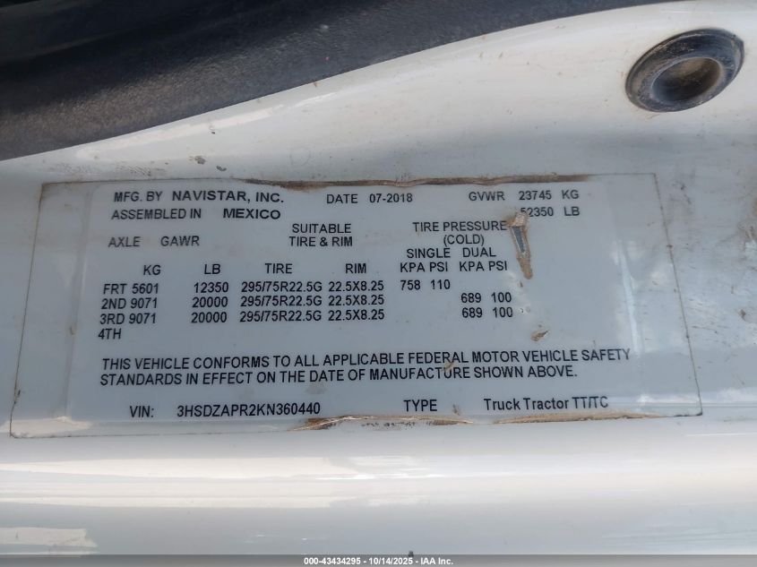 2019 International Lt VIN: 3HSDZAPR2KN360440 Lot: 43434295