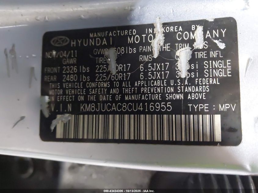2012 Hyundai Tucson Gls VIN: KM8JUCAC8CU416955 Lot: 43434306