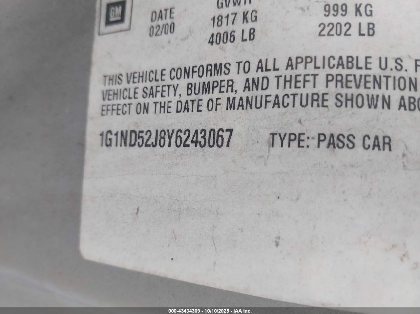 2000 Chevrolet Malibu VIN: 1G1ND52J8Y6243067 Lot: 43434309