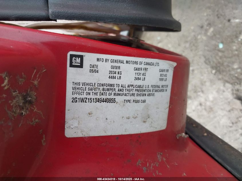 2004 Chevrolet Monte Carlo Supercharged Ss VIN: 2G1WZ151349440855 Lot: 43434318