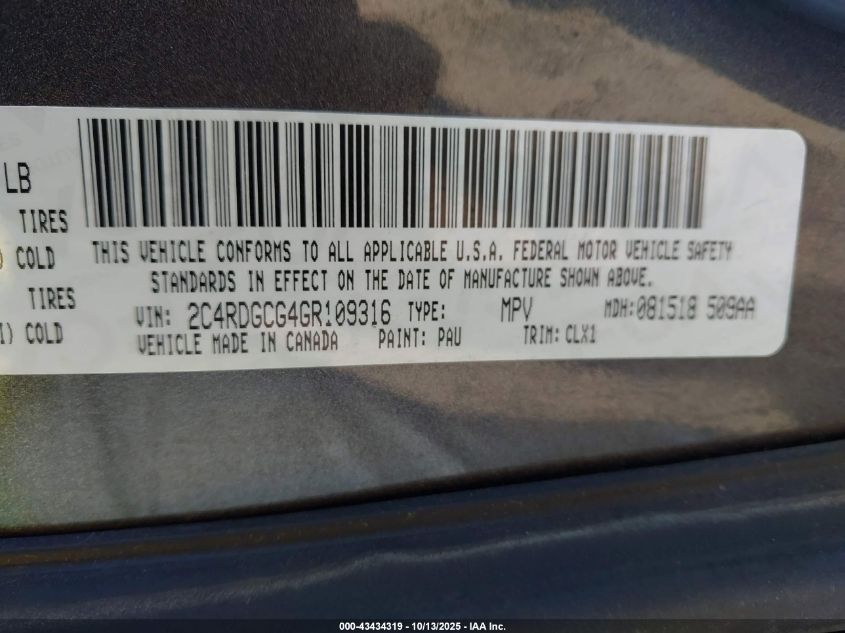 2016 Dodge Grand Caravan Sxt VIN: 2C4RDGCG4GR109316 Lot: 43434319