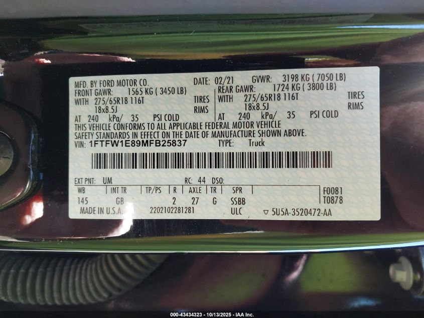 2021 Ford F-150 Xl VIN: 1FTFW1E89MFB25837 Lot: 43434323