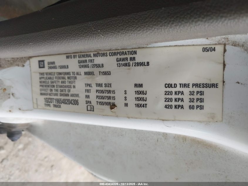 2004 Chevrolet Colorado VIN: 1GCDT196548204306 Lot: 43434325