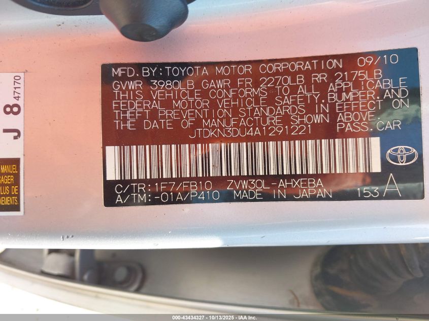 2010 Toyota Prius Ii VIN: JTDKN3DU4A1291221 Lot: 43434327