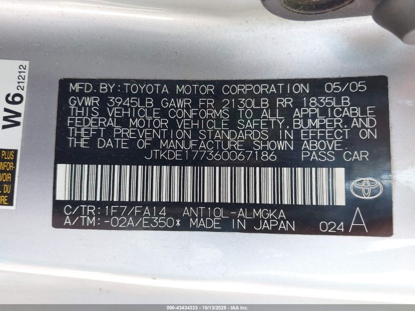 2006 Scion Tc VIN: JTKDE177360067186 Lot: 43434333